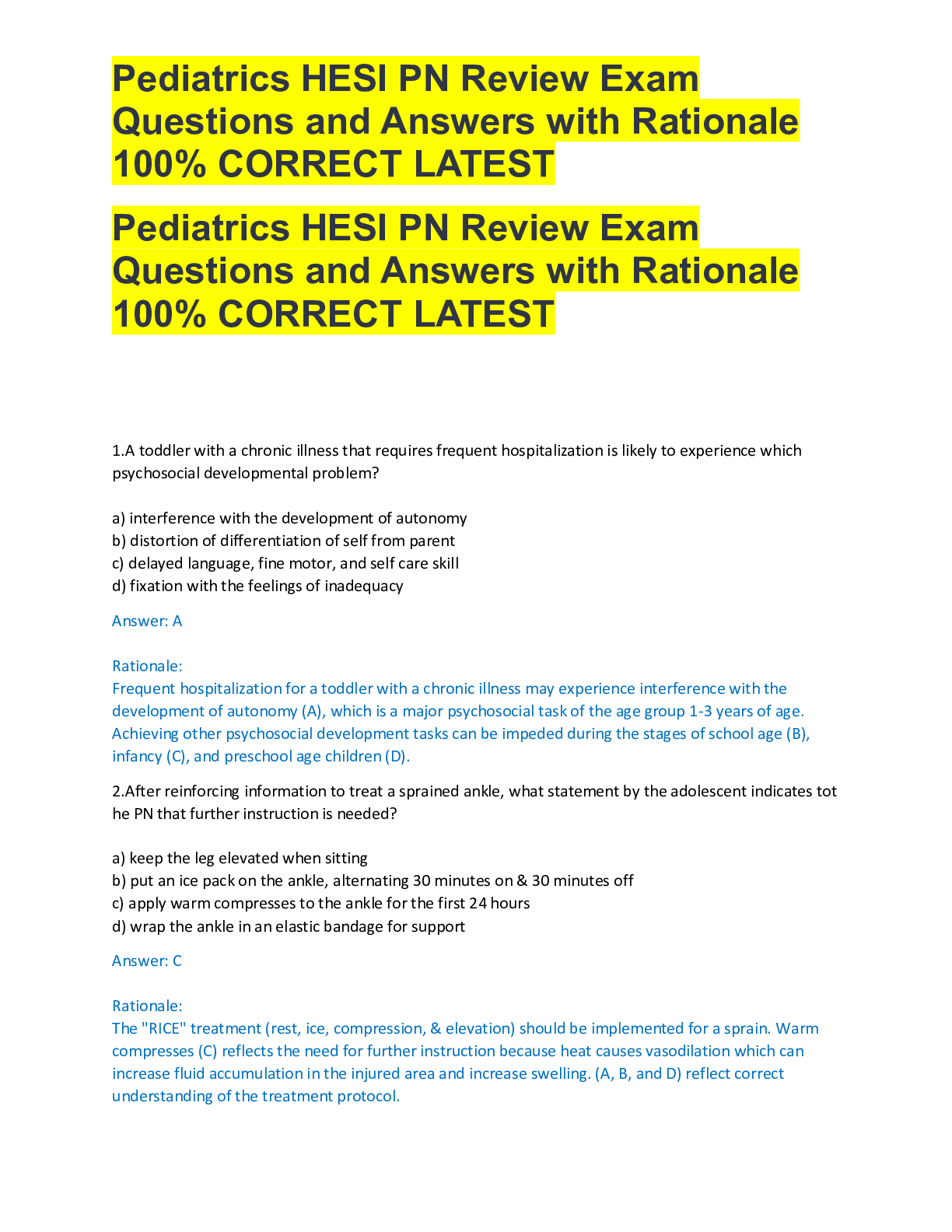 Preview image for Pediatrics HESI PN Review Exam Questions and Answers with Rationale 100% CORRECT LATEST / RATED A+